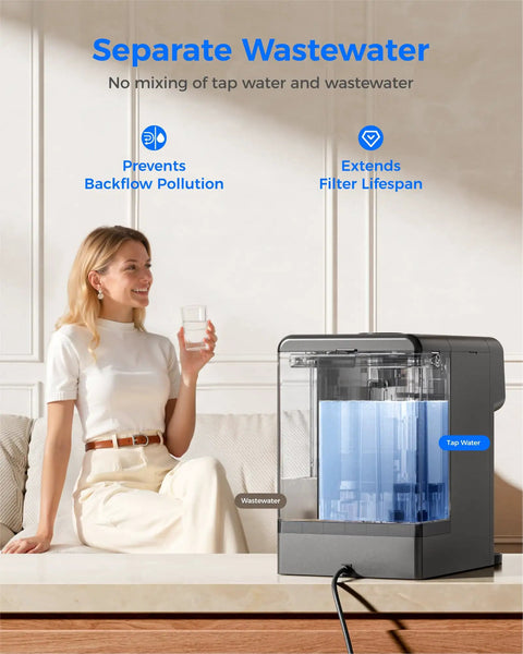 Woman drinking beside Instant Hot Reverse Osmosis Countertop Water Filter With Seven Stage Filtration And Three To One Pure To Drain Ratio