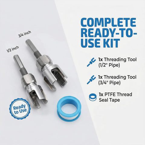 Two Pack PVC Pipe Threader Set For One Half Inch And Three Quarter Inch Plastic Pipes, Four In One Water Pipe Thread Cutter With Internal And External Tapping, Ideal DIY Home Plumbing Tools Kit For Drill Use showing components