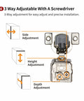 Diagram of a 20 Pack One And A Quarter Inch Overlay 3D Soft Close Concealed Hinge with 3 way adjustment, including side, height, depth.