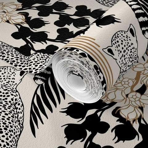 Snag This Killer Big Cat Print PVC Free Wallpaper Featuring A Premium Matte Linen Texture Durable Wallcovering Designed To Level Up Your Interior Design Game Today, showcasing roll with black big cat design and floral details.