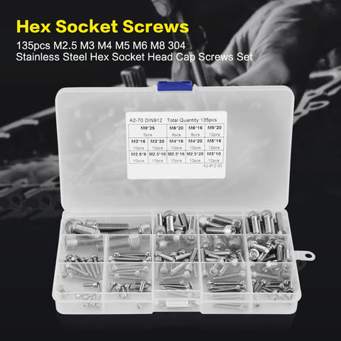 135-Piece Metric Screw Assortment Kit With Button Head Socket Cap Bolts In 304 Stainless Steel displayed in open box