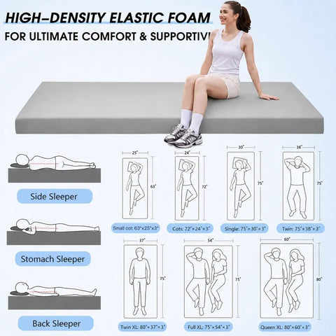 3 Inch Memory Foam Camping Pad For Car Camping And Tents, Cushy Roll-Up Floor Mat with sizing chart for various sleepers.
