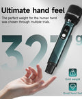 Dual Wireless Microphone System For Singing And Speaking With 240 Ft Range And 3 Ms Latency shown with hand for scale