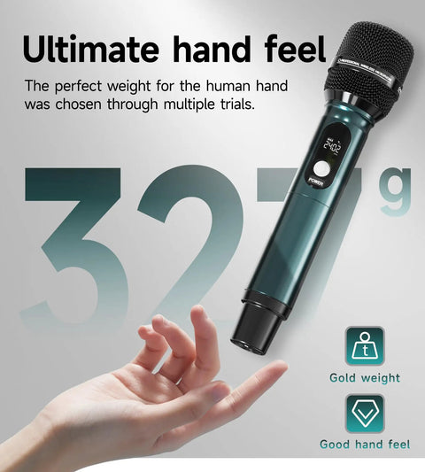 Dual Wireless Microphone System For Singing And Speaking With 240 Ft Range And 3 Ms Latency shown with hand for scale