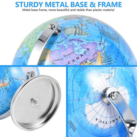 Close-up of 6 Inch World Globe With Sturdy Metal Stand, Rotating Earth Spinner for Kids, showcasing metal base and colorful map.