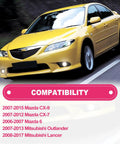 Compatibility chart for Keyless Ignition Start Button Kit with vehicle list, includes Mitsubishi Lancer 2008-2017 and Outlander 2007-2013.