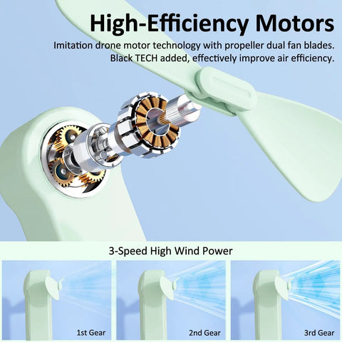Portable Handheld Fan With Built In Power Bank And Flashlight USB C Rechargeable Mini Pocket Fan motor and speed settings