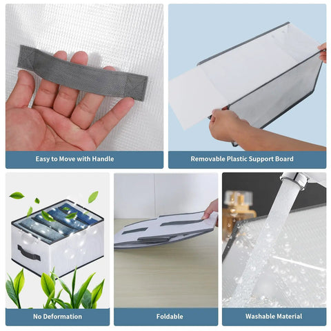 Collage of features: handle, removable board, foldable and washable material of 4 Piece Closet Organizers Set For Clothes Storage Drawer Dividers For Underwear Bras Socks And More Large Nylon Mesh Foldable Wardrobe Organizers 15.7 Inch Deep 9.8 Inch Wide 7.9 Inch High.
