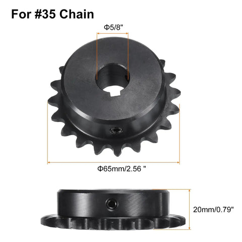 20 Tooth Chain Sprocket For Single Strand Chains With Five Eighth Inch Bore Carbon Steel B Type With Keyway And Set Screws
