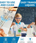 Upgraded Plastic Graduated Cylinder And Beaker Set With Easy Grip Handles Includes Extra Pipettes And Test Tube Brush Cylinders 10ml 25ml 50ml 100ml And Beakers 50ml 100ml 250ml 500ml 1000ml For DIY Nerds And Science Lab used by kids in a classroom.