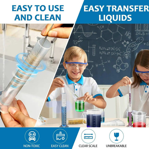 Upgraded Plastic Graduated Cylinder And Beaker Set With Easy Grip Handles Includes Extra Pipettes And Test Tube Brush Cylinders 10ml 25ml 50ml 100ml And Beakers 50ml 100ml 250ml 500ml 1000ml For DIY Nerds And Science Lab used by kids in a classroom.
