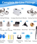 Complete air line fittings including L tubing, NPT fittings, valves, teflon tape, and tubing cutter for HDPE Air Tubing Kit.