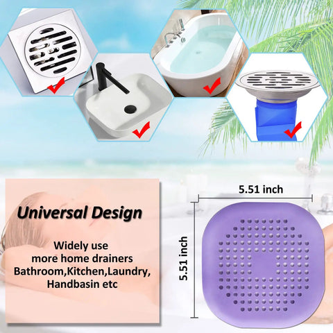 Hair Drain Catcher Square Drain Cover Made From Silicone With Strong Suction Cup For Shower Bathroom Tub And Kitchen No Fuss Install 2 Pack Purple with diagram showing dimensions and advertising design versatility for different home drainers.