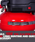 Heavy Duty Six Gallon Pancake Air Compressor With Dependable Oil Free Pump Generating 150 Psi And Smooth 2.6 Cfm Airflow, red tank close-up.