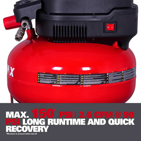 Heavy Duty Six Gallon Pancake Air Compressor With Dependable Oil Free Pump Generating 150 Psi And Smooth 2.6 Cfm Airflow, red tank close-up.