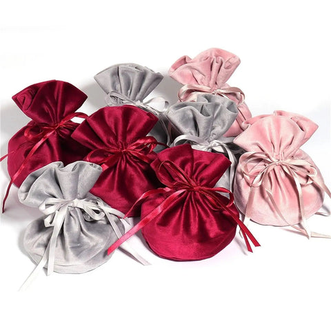 Velvet Drawstring Jewelry Bags Set, 12 Pack Colorful Ribbon Storage Pouches for Jewelry Protection in red, grey, pink fabric