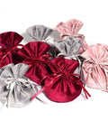 Soft Plush Dope Velvet Jewelry Pouches 12 Pack With Drawstring Closure, Cushioned Storage Bags for delicate metals, wine red color.