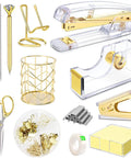 Gold Desk Accessories Set With Acrylic Stapler, Staple Remover, Tape Holder, Pen Holder, Ballpoint Pen, Scissors, Clips, Staples, Notes