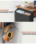32 Inch Home Office Desk With Drawers And Storage For Gaming, Study Or Writing, close-up of headphone hook and storage bag