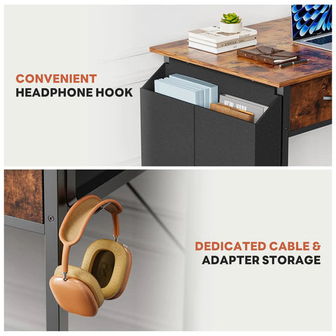 32 Inch Home Office Desk With Drawers And Storage For Gaming, Study Or Writing, close-up of headphone hook and storage bag