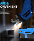 Cordless Reciprocating Saw Featuring Variable Speed Up To 3500 SPM For Smooth Tear Through Steel And Lumber Comes With Twin 2 Ah Batteries For Legit Heavy Duty Job Site Grind, showing safety switch and LED light.