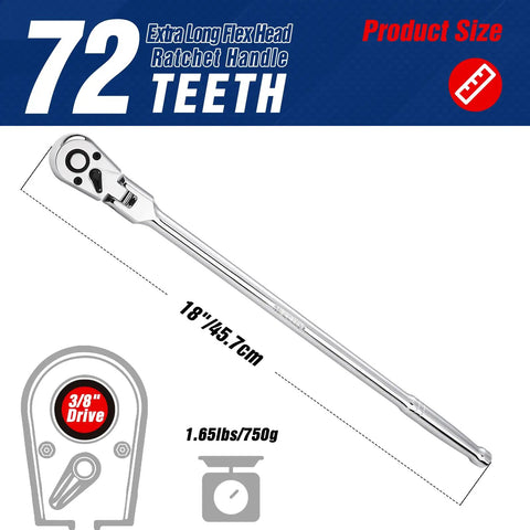 Extra Long Three Eighths Inch Drive Flex Head Ratchet With Eighteen Inch Reach Quick Release 72 Tooth tool image