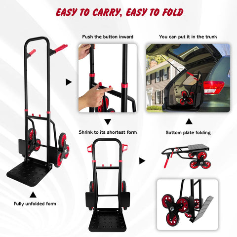 Stair Climber Hand Truck Dolly with Telescoping Handle showing folding process and storage in car trunk