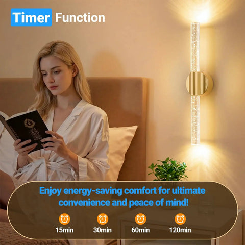 Gold Battery Operated Wall Sconces Set Of 2 Peel And Stick Magnetic Linear Lights in bedroom with woman reading