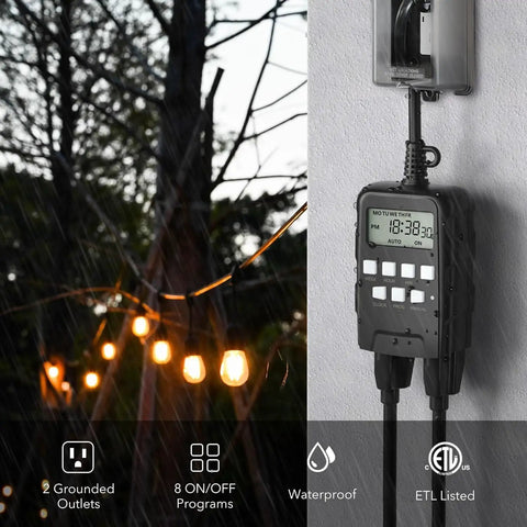 7 Day Outdoor Programmable Timer With Dual Outlets Set It And Forget It Heavy Duty Weatherproof Digital Timer attached to outdoor wall