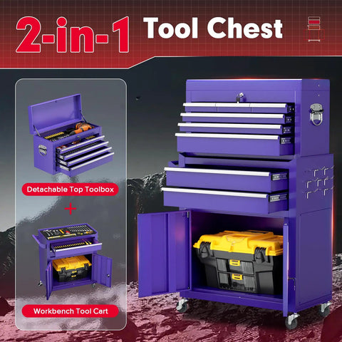 8 Drawer Rolling Tool Chest With Wheels Locking Detachable Cabinet Heavy Duty Steel Tool Cart With Liner And Hooks For Garage Workshop Warehouse Purple, open