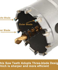 Close-up of saw teeth with three-blade design from 27 Piece Hole Saw Kit With Drill Bits Ready To Go From 33/64 Inch To 3-15/16 Inch