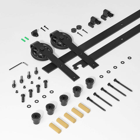 Beefed-Up Sliding Barn Door Hardware Kit 84 Inch Seven Foot Track System For Single Door Fits 42 Inch Wide Panels With Big Wheel Rollers Black