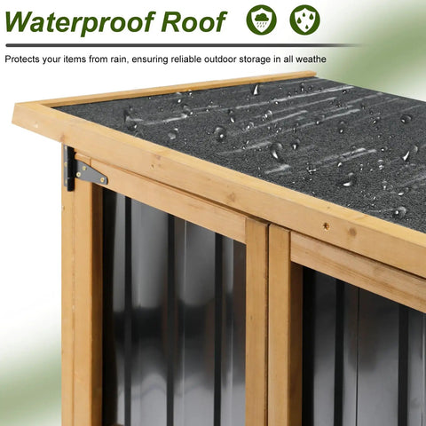 Outdoor Storage Cabinet For Small Spaces Wood And Metal Build With Weather Resistant Asphalt Roof Detail View