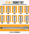 Professional Grade Mini Socket Set Featuring Quick Grip Ratchet And Extension Bar For Knuckling Down On Stubborn Bolts with various metric sizes.