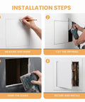 Installation steps for Heavy Duty Drywall Access Panel 14 By 14 Inch Wall Hole Cover showing measuring, cutting, sanding, and securing.