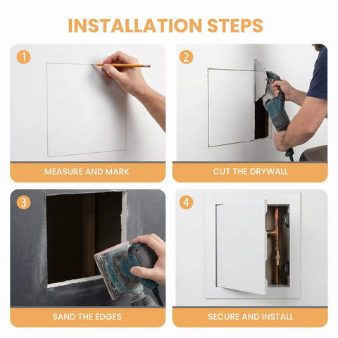 Installation steps for Heavy Duty Drywall Access Panel 14 By 14 Inch Wall Hole Cover showing measuring, cutting, sanding, and securing.