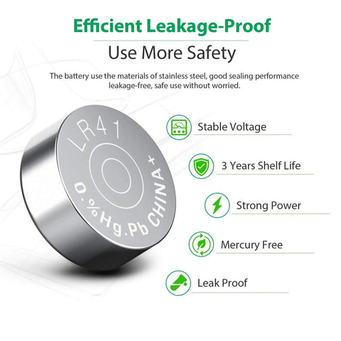 All American Rock Solid 10 Pack LR41 AG3 392 1 5V Coin And Button Cell Batteries showcasing leakage-proof design and stable voltage.