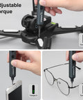 Badass Mini Electric Screwdriver Set With 70 Precision Bits And Five Variable Torque Settings For Delicate Gadget Repair and Heavy Duty Household Jobs That Are Super Tight And Ridiculously Reliable, used on drone, smartphone, and glasses.