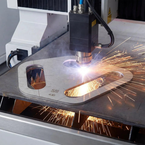 Three Piece Plasma Stencil Set With 0.430 Inch Tri Slot Cutters And Guides in use on metal fabricating machine