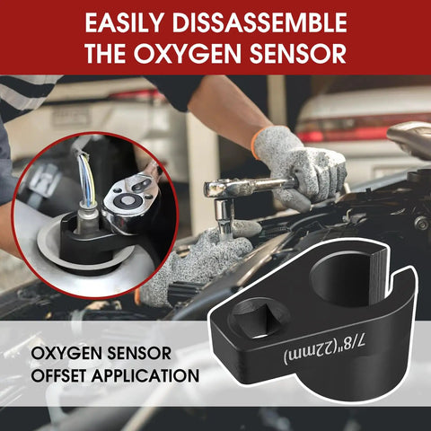 5-Piece Oxygen Sensor Socket Set With 7/8 Inch 22mm O2 Socket In 1/2 Inch Drive shown with offset wrenches in use