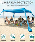 10x10 Ft Beach Sun Shelter Tent With Lycra Canopy Adjustable 2 Or 4 Pole Setup Windproof Shade For Beach Picnic Or Backyard Portable Family Shelter For 6 To 8 People Blue on beach with people