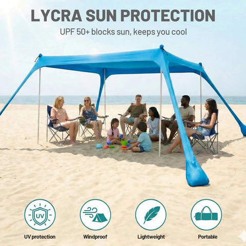 10x10 Ft Beach Sun Shelter Tent With Lycra Canopy Adjustable 2 Or 4 Pole Setup Windproof Shade For Beach Picnic Or Backyard Portable Family Shelter For 6 To 8 People Blue on beach with people