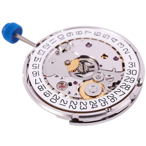 ETA 2824-2 Sellita SW200 Automatic Watch Movement With Quick Date Set, 26 Jewels, 28,800 BPH, white date wheel, close-up view.