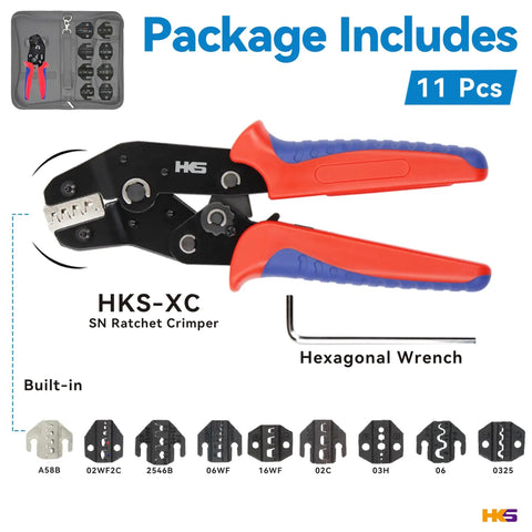 Ratcheting Crimping Tool Kit With 11 Changeable Jaws For Dupont JST MOLEX, red and black crimper, hexagonal wrench included