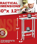 Stainless Steel Work Table 30x12 Heavy Duty NSF Commercial Prep Table With Under Shelf Outdoor Pizza Oven Stand Kitchen Island