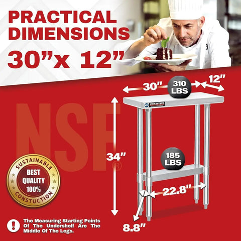 Stainless Steel Work Table 30x12 Heavy Duty NSF Commercial Prep Table With Under Shelf Outdoor Pizza Oven Stand Kitchen Island