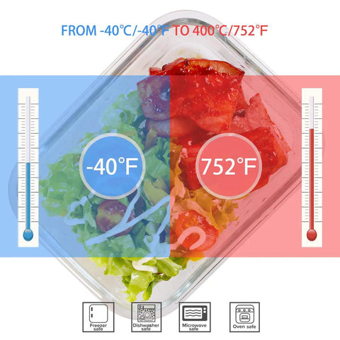 Glass Meal Prep Containers Set With Lids 18 Piece Storage Containers Airtight Leak Proof Oven Freezer Dishwasher Safe BPA Free 9 Lids And 9 Containers In Rectangle Square And Round Shapes showing temperature range -40°F to 752°F