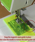 Must Have Seam Allowance Ruler And Magnetic Guide For Sewing Machines, Perforated Ruler For Precise Hems displayed on machine