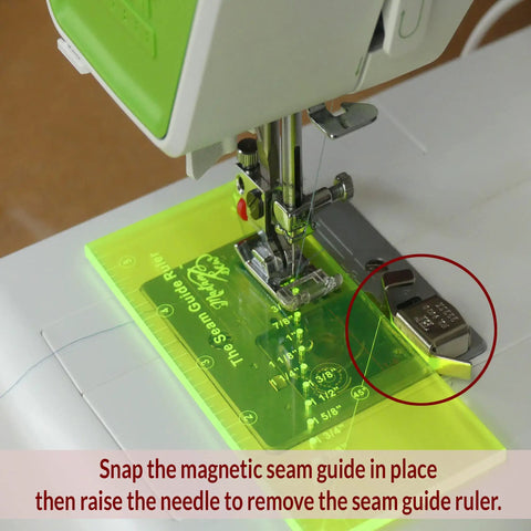 Must Have Seam Allowance Ruler And Magnetic Guide For Sewing Machines, Perforated Ruler For Precise Hems displayed on machine