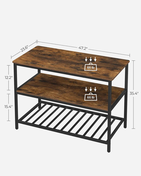 Industrial Kitchen Island Featuring Three Tier Storage And Generous Worktop, solid steel frame, rustic brown finish, dimensions shown.